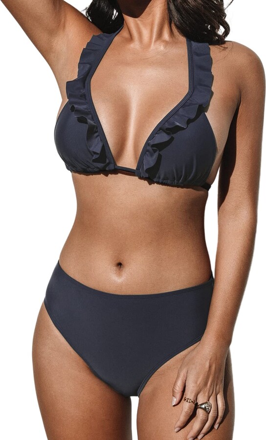 Gingham Ruffle Trim Triangle Bikini Two Piece Swimsuit, L / Black