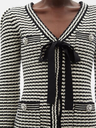 Self-Portrait Pussy-bow Ribbed Striped Cotton-blend Mini Dress - Black Stripe