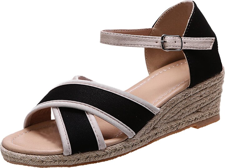 GDKKBIN SandalsEspadrilleBreathable Womens Ladies Mid Wedge Heel