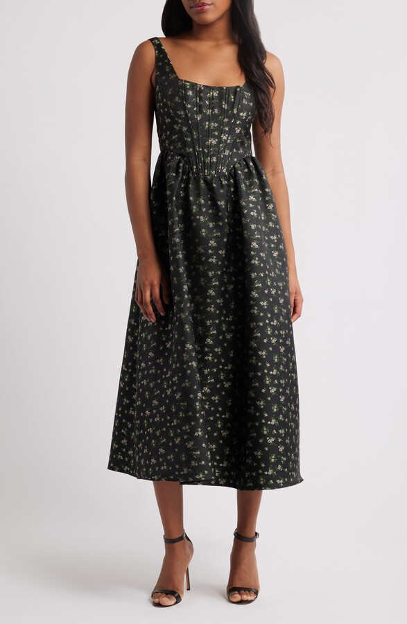 Lulus Celine Floral Corset Cocktail Midi Dress