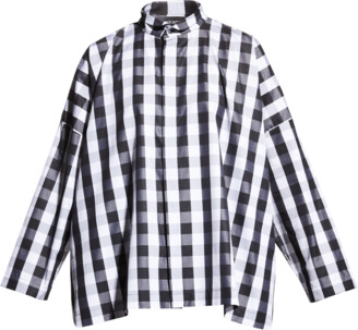 eskandar Wide Longer-Back Gingham Shirt with Double Stand Collar (Mid Plus Length)
