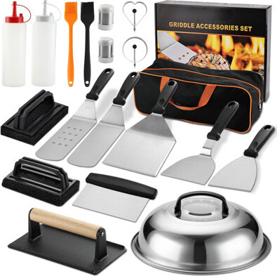 ColorLife 19PCS Griddle Accessories Set - Flat Top Teppanyaki Spatula Set With Scraper Basting Cover For Camp Chef- Home Cooking Griddle And Outdoor BBQ Gifts