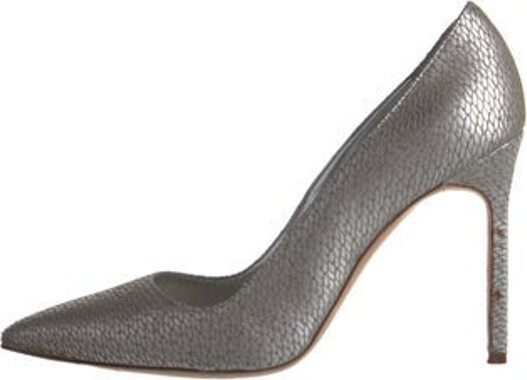 Manolo Blahnik Embossed Leather Pumps Silver Semi-Pointed Toes