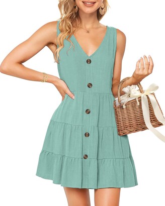PLMOKEN Women's Summer Sleeveless V Neck Button Down Casual Swing Tunic Dress with Pocket (M