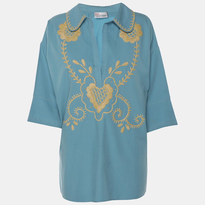 RED Valentino Light Blue Cotton Embroidered Blouse M