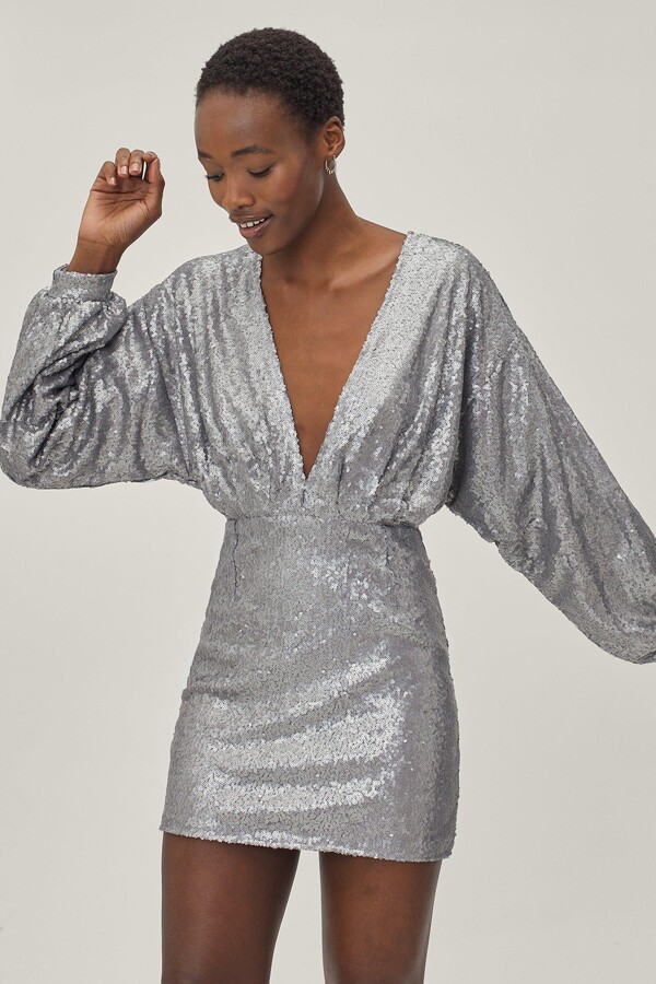 sequin plunge dress long sleeve