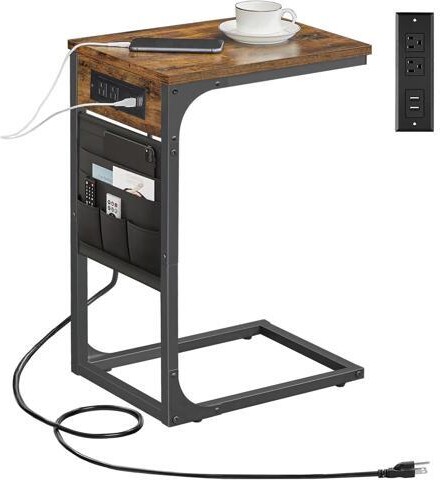 kolitt Slim End Table with Charging Station, Side Table with 2 USB Ports and Outlets, C-Shaped Snack Table with Cloth Bag, TV Tray Table, Couch Table...