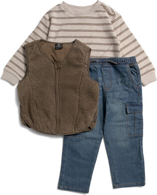 TJMAXX Boys 3Pc Vest Long Sleeve Top And Cargo Denim Jeans Set, Cotton/Polyester