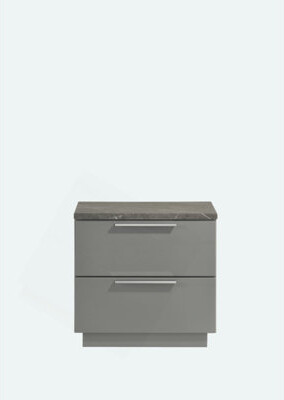 Elara Nightstand – Two-Tone High-Gloss Marble & Lacquer Finish With Red Velvet-Lined Drawers And Metal-Finished Legs- Gray