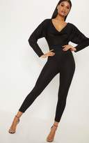 Thumbnail for your product : PrettyLittleThing Black Lightweight Knit Cowl Neck Long Sleeve Thong Bodysuit