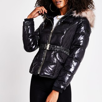 River Island Womens Black belted padded coat - ShopStyle Jackets