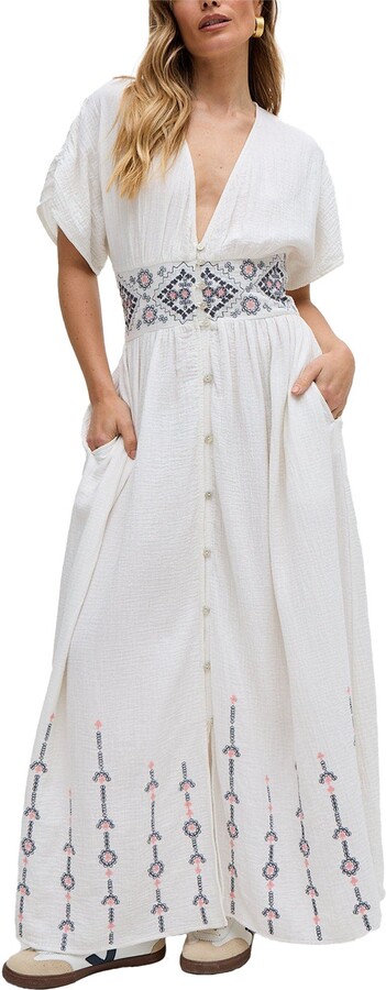 Raffya Sally Ann Button Down Embroidery Maxi Dress