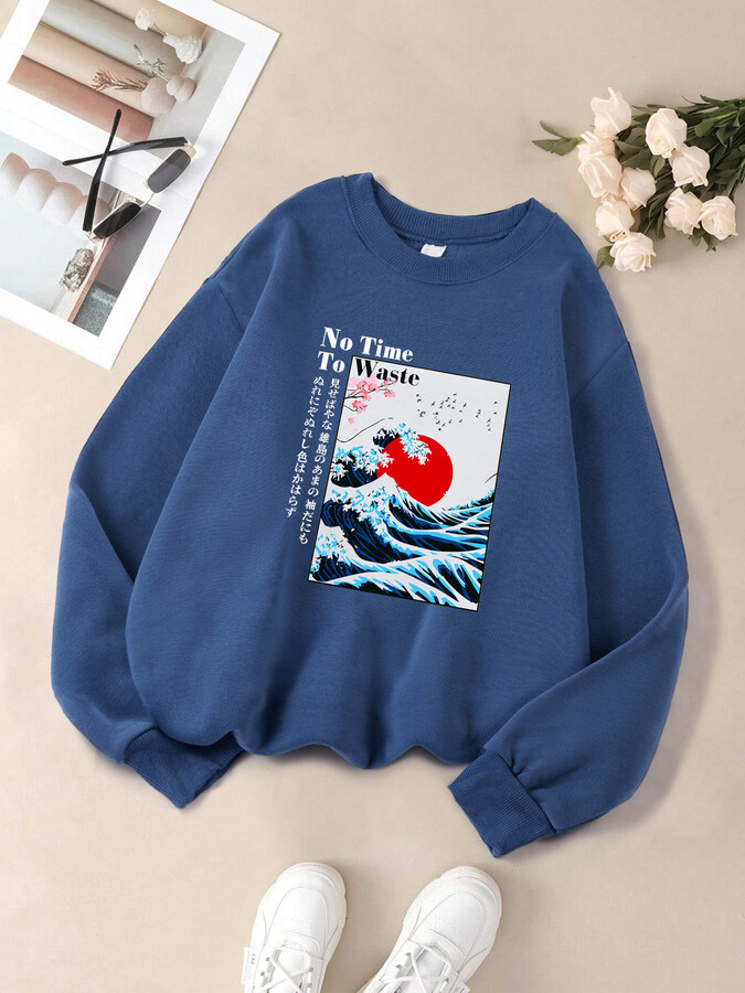 drakeview Japan Cherry Blossom Wave Sun Print Sweatshirt Men All-Match Fleece Sportswear Autumn Crewneck Tops Soft Loose Fashion Clothes