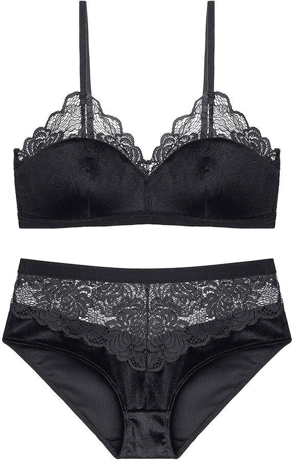 shekini Women Velvet Bralette Set Non Wired Bra and Knickers Lace