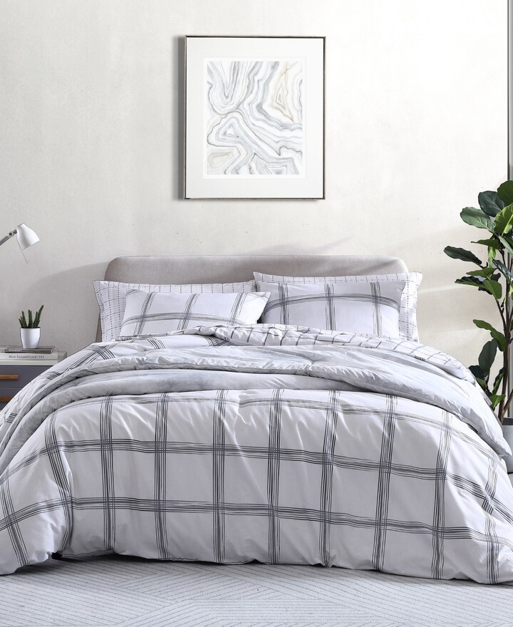 Simple Modern 3 pcs Duvet Cover Queen 90x90’’ Smoky Blue Plaid Comforter Cover with Zipper and Corner Ties Casual Matching with White Grey Bedroom Teens,Girls,Boys Bedding Collection 