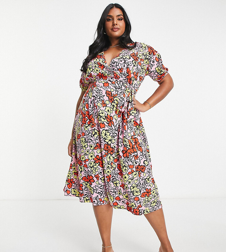 Influence Plus wrap front midi dress in bold floral print - ShopStyle