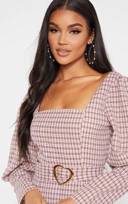 PrettyLittleThing Pink Check Square Neck Puff Sleeve Belted Shift Dress