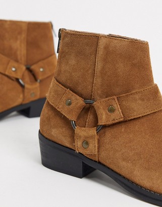 ASOS DESIGN cuban heel western chelsea boots in tan suede with buckle detail