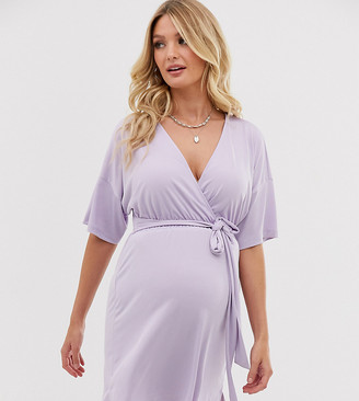 Asos DESIGN Maternity plunge tie waist kimono sleeve jersey slinky beach cover up in icy lilac Asos DESIGN Maternity plunge tie waist kimono sleeve jersey slinky beach cover up in icy lilac