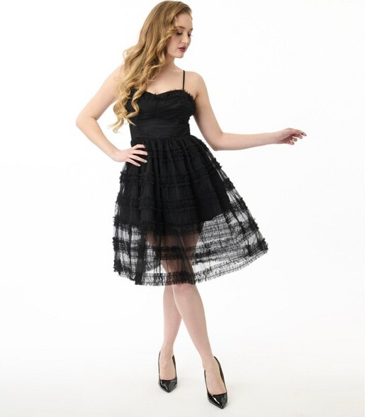 Unique Vintage Women's Midi Sheer Special Occasion Dress Black M/6-8