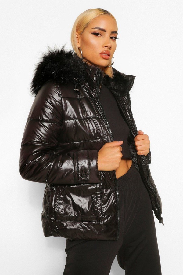 black faux fur high shine puffer jacket