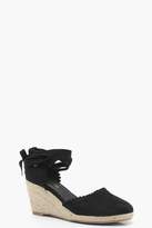 Thumbnail for your product : boohoo Pom Trim Mid Wrap Strap Wedges