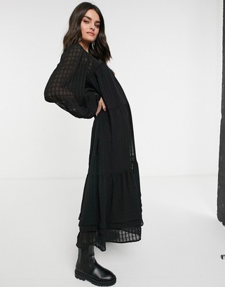 ASOS DESIGN oversized maxi smock dress in self check with pintucks in black  - ShopStyle