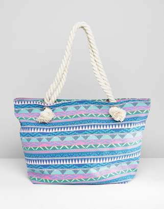 South Beach Blue Geo Print Canvas Tote with Knotted Rope Handles