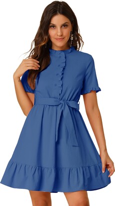 Allegra K Women's Fit and Flare Shirtdress Ruffled Button Front Dress Blue S-8