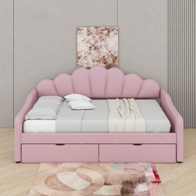 Everly Quinn Full Size Upholstered Daybed Frame With Shall Shaped Backrest & 2 Drawers Velvet Fabric