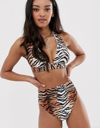 ASOS DESIGN DESIGN fuller bust mix and match halter plunge bikini top in natural tiger print dd-f