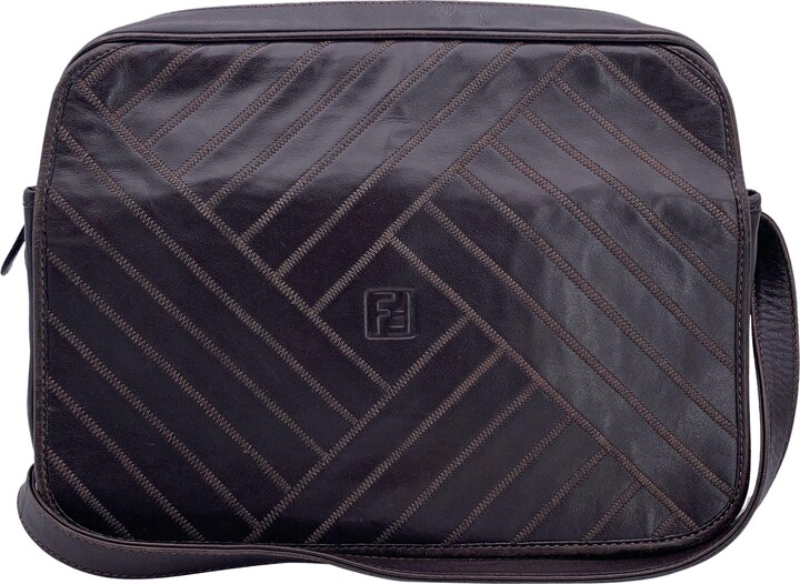 Fendi Vintage Brown Leather Stitching Messenger Bag