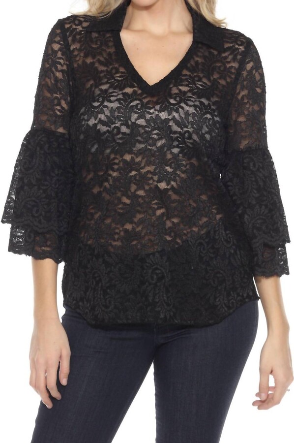 Joseph Ribkoff Bell Sleeve V-Neck Lace Top In Black