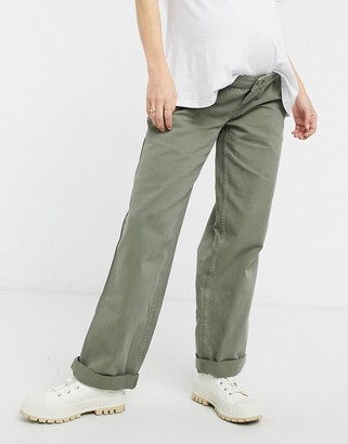 ASOS DESIGN DESIGN Maternity slouchy chino pants in khaki with over the bump band