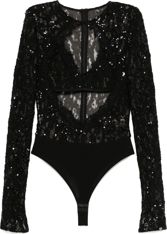 NISSA Sequin-Detail Lace Bodysuit
