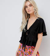 Thumbnail for your product : ASOS Petite DESIGN Petite Lace Insert Tie Front Top With Ruffle Hem