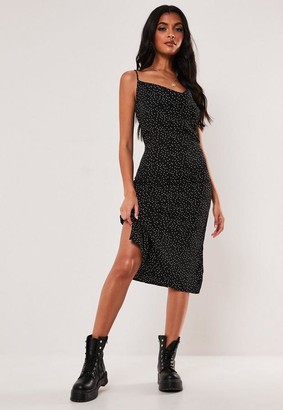 black polka dot cowl neck cami slip midi dress