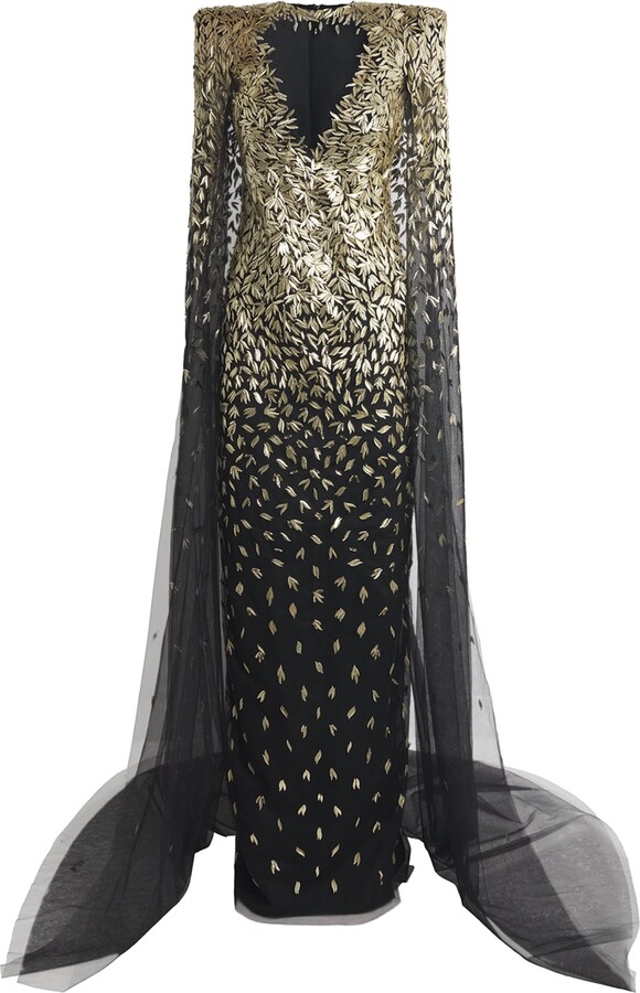 Pamella Roland Tulle Embellished Cape Gown