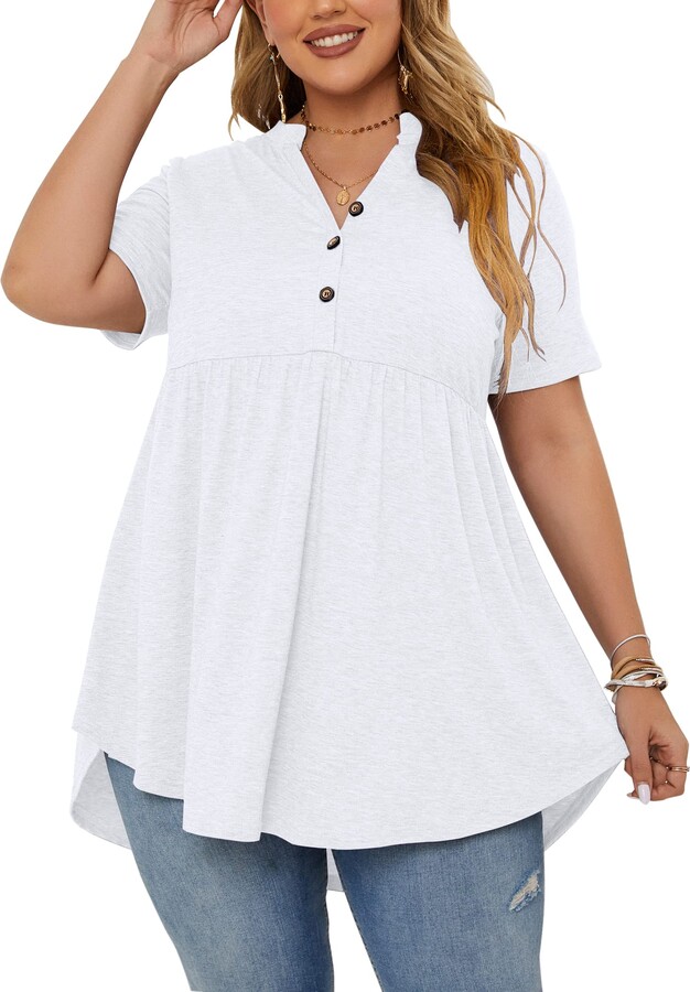 PLOKNRD Women's Plus Size Tops Short Sleeve Henley V Neck Button Up Flowy T Shirts  Tunic Loose Blouses White - ShopStyle