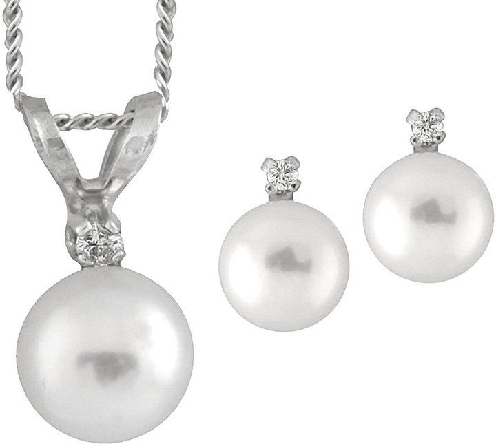 Splendid Pearls 14K 0.09 ct. tw. Diamond & 6-7mm Akoya Pearl Earrings & Necklace Set