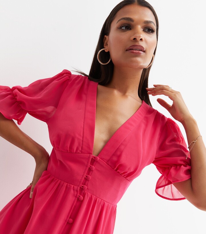 Cutie London Bright Pink Chiffon Button Maxi Dress ShopStyle