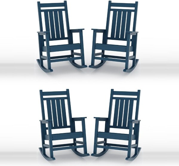 GustoWaveOversizedRockingChairOutdoorRockingChairforAdultsAllWeatherResistantPorchRockerforLawnGardenHDPEBlue4Pack
