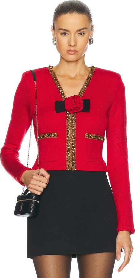 Self-Portrait Textured Knit Corsage Cardigan in Red
