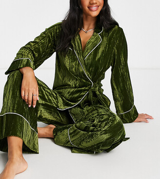 Lost Ink crushed velvet wrap front wide leg pajama set in green - ShopStyle