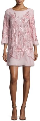 Marchesa Notte 3/4-Sleeve Beaded Floral Cocktail Dress, Blush