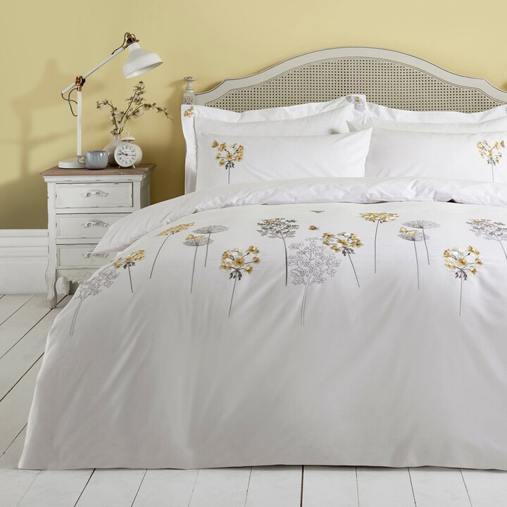Dunelm Hydrangea Floral Ochre Embroidered Duvet Cover and Pillowcase