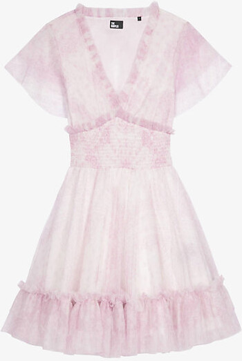 Womens White - Pink V-Neck Ruffle-Trim Tulle Mini Dress Xs