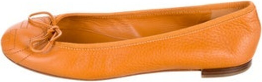 Gucci Leather Ballet Flats Orange Interlocking G Logo Grosgrain & Bow Accents Round-Toes Includes Dust Bag Designer