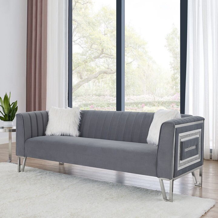 RASOO 3seater Sofa Velvet Padded Couches with Mirrored Side Trim and