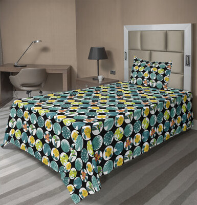 Ambesonne Tropical Sheet Set Continuous Flowers Leaves Teal Mustard and Black
